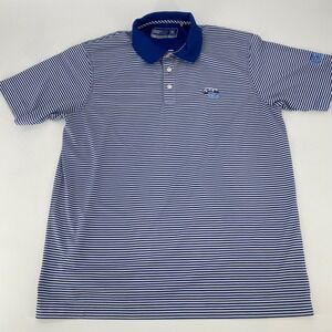 Cutter Buck Mens Large Blue White Stripe Golf Polo Shirt CB DryTec Performance